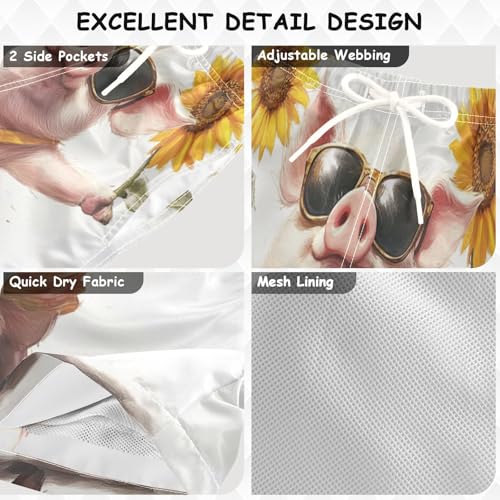 Pigsaly Boys' Swim Board Shorts Sunny Sunflower Sunglasses Confident Dancing Pig Boy's Swim Trunks Kids Swimwear M3