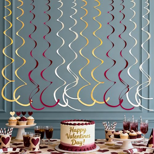 Image of 36 Pcs Maroon Gold Hanging Swirl Decorations Glitter Gold Burgundy Beige Felt Swirl Streamer Spiral Ceiling Garland for Birthday Graduation Wedding Shower Retirement Anniversary Garnet Party