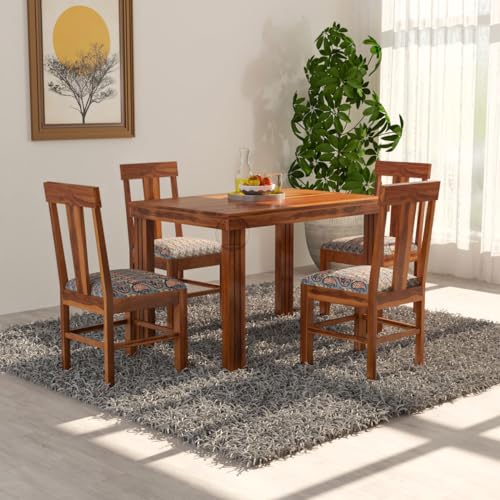 Image of VK Furniture Sheesham Solid Wood 4 Seater Dining Table Set of Four with 4 Print Cushion Chairs for Dinner Hall Kitchen Living Room Home Office Restaurant |L45 X W30 X H30|Brown Finish 03
