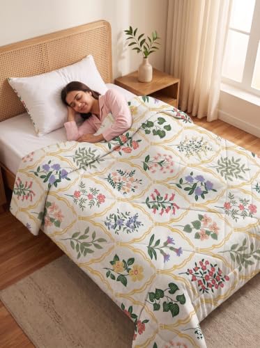 Image of Mafatlal 120 GSM Tulip Premium Single AC Comforter Blanket | Dual-Sided Reversible Microfiber Quilt Rajai | Ultra Soft Lightweight All Weather Duvet | 154 x 228 cm | Multicolor Cream