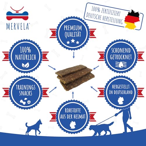 MERVELA® Hirsch Fleischstreifen | 500 Gramm [Qualität aus Deutschland] für Allergiker Hunde | Belohnung | Trainingssnack | getreidefrei | Hundesnack