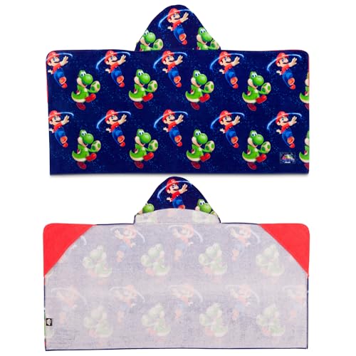 The Super Mario Galaxy Movie Kids Super Soft Bath/Pool/Beach Soft Cotton Terry Hooded Towel Wrap, 24 in x 50 in, Mario & Luigi, (100% Officially Licensed Product) by Franco
