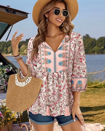 Vivilli Womens Summer Boho Babydoll Tops 3/4 Sleeve Pleated Peplum Blouses Casual V Neck Tie Front Fall Tunic Tops4