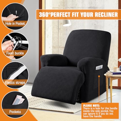 Image of VANSOFY Oversized Recliner Chair Cover, 4-Pieces Stretch Recliner Covers for Recliner Chair Soft Reclining Chair Slipcover Jacquard Pattern Furniture Protector for Dogs Cats(Black)