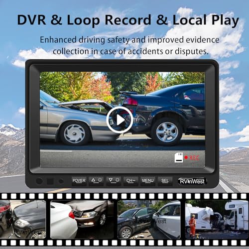 Image of RV Backup Camera System with 7'' Monitor Wired for RV Semi Box Truck Trailer Bus, 4 Split Screen Quad View HD DVR Record Monitor + IP69 Waterproof Night Vision Rear Side View Camera Avoid Blind Spot