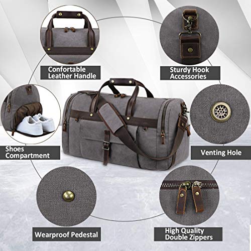 Travel Duffel Bag Waterproof Duffle Bags for Men Oversized Genuine Leather Carryon Weekend bag Canvas Overnight Bag Grey