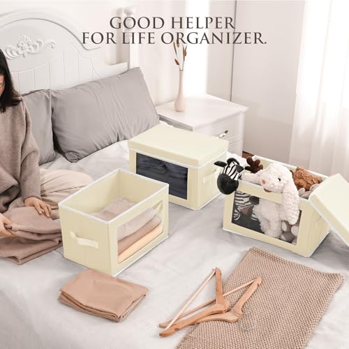 Image of Homsorout Fabric Storage Bins with Lids, Storage Cubes with Window, Decorative Storage Boxes Baskets for Organizing, Closet Organizer Storage Bins for Home, Office, 3 Packs, Beige