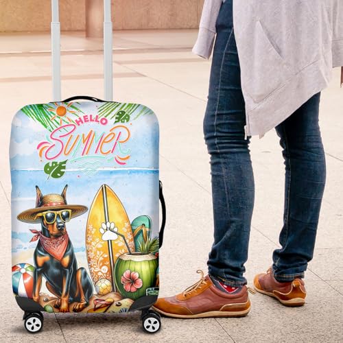 Doberman Pinscher Hello Summer with Sunglasses and Surfboard Tropical Vibes Travel Luggage Cover Doberman Dog Lover Gifts Suitcase Dust Protective Decor - 000074