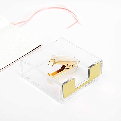 Miniatura 4 de MultiBey Juego de bloc de notas adhesivas de acrílico dorado transparente para escritorio, lindo juego de removedor de grapas, dispensador de papel