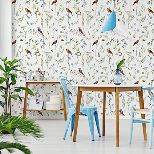 Muralo Vlies Tapete 10m Tapeten Rollen VÖGEL Blumen Blätter Insekten Natur Dekor XXL Vliestapete 1000 x 53cm Wand Tapete Esszimmer Wohnzimmer Schlafzimmer Moderne Muster Wand Dekoration