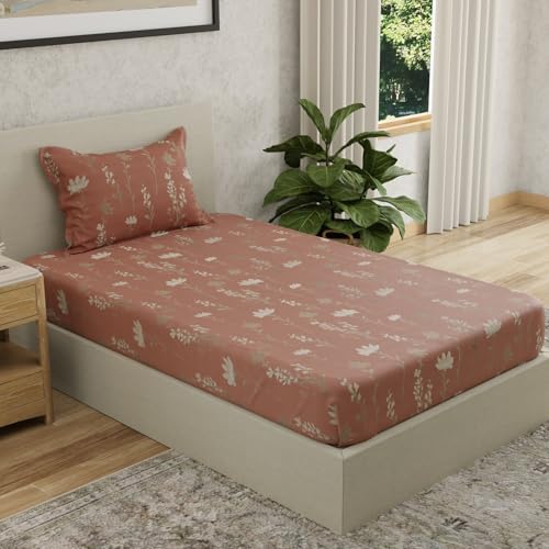 Image of HUESLAND by Ahmedabad Cotton 144 TC Bedsheet for Single Bed with 1 Pillow Cover | Rust, White & Grey