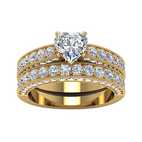 Yellow Gold Plated Heart cut 7mm CZ Womens Wedding Ring Sets Bridal Sets Engagement Rings