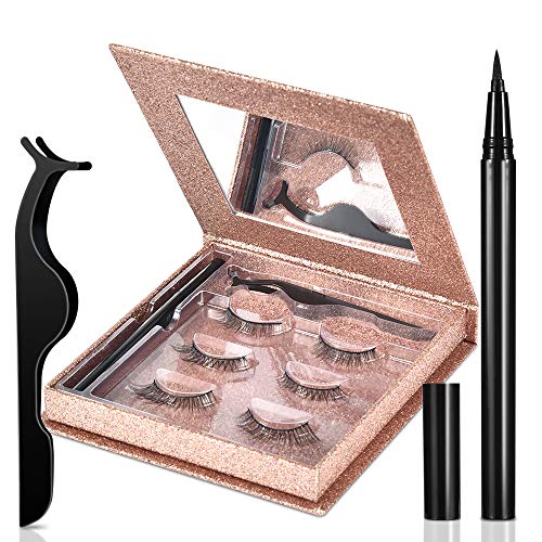 Self Adhesive Eyeliner Eyelashes Set, Non-Magnetic Eyelashes Kit with Eyeliner & Tweezers, No