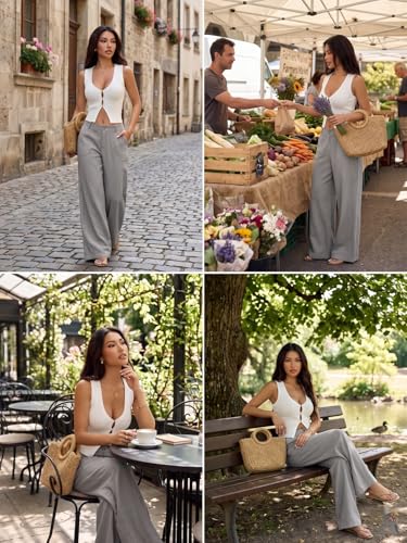 Image of GRECIILOOKS Beige Wide Leg Linen Trousers for Women | High Waist Cotton Baggy Korean Style Casual Pants | Comfortable Formal & Casual Women Trousers