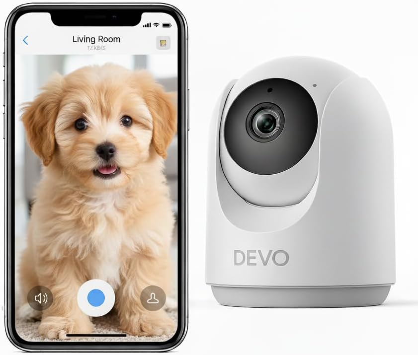 Devo Smart Indoor Camera for Baby Pet Dog Monitoring 360° WiFi Cam with Auto Tracking, 2K Color Night Vision, 2-Way Audio, 256GB SD Card & Cloud - Image 1 of 9