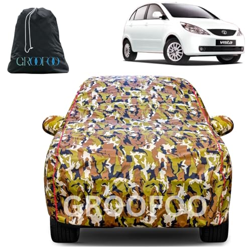 Image of GROOFOO Car Cover Compatible with Tata Indica Vista | Camouflage, Waterproof, Dustproof, UV Protection | Military Jungle Design | Custom Fit, Triple Stitched | All Weather Body Cover