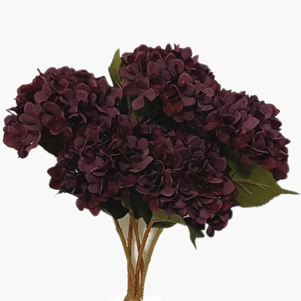 forestmistry 5pcs Artificial Burgundy Hydrangea Flower Branch Faux Silk Hydrangea Hortensia for Wedding Centerpieces Home Party Floral Arrangement Decor (burgundy)