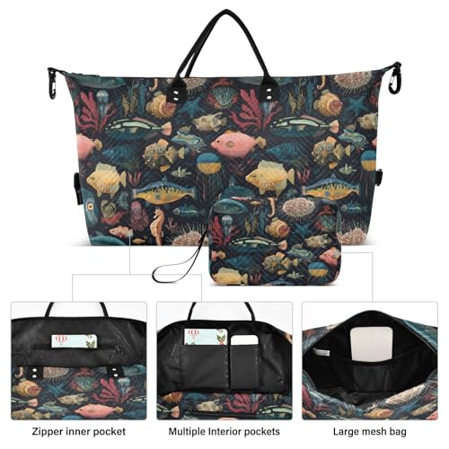 Fish Coral Reef Seahorse Large Travel Duffle Bag Weekender Overnight Bags Gym Yoga Bag for Women Men with Toiletry Bag2