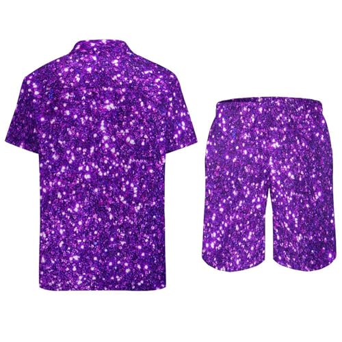 Purple Glittery Sparkles Men's Tropical Short Sleeve Two Piece Suit, Suitable for Vacation, Beach And Casual Wear3
