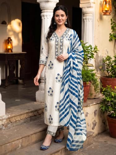 Image of Pinkmint Women Kurta Set Printed V Neck Stright Kurta & Bottom with Dupatta Set