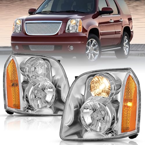 TUSDAR Headlight Assembly Set for 2007 2008 2009 2010 2011 2012 2013 2014 GMC Yukon OEM Replacement Chrome Headlamp Pair Driver and Paseenger Side
