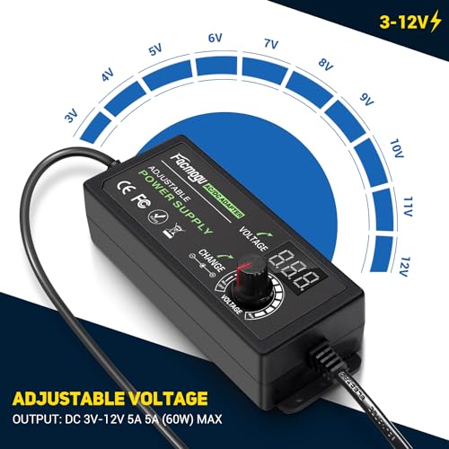 Facmogu 3V-12V 5A 60W Adjustable Power Supply with LED Display, Variable DC 3V 5V 6V 9V 12V Universal AC/DC Adapter, 100V-240V AC to DC 3-12V Switching Power Converter Multi-Voltage Regulated Adaptor4