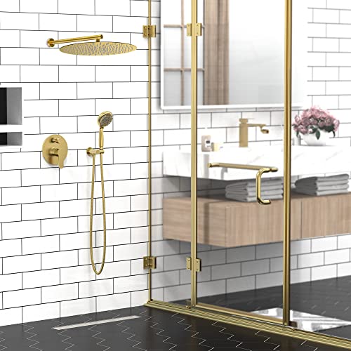 Image of SR SUN RISE Shower Faucet - 16 Inch Multifunctional High Pressure Shower Head System with Handheld Shower Head Fixtures - Valve Included - Brushed Gold