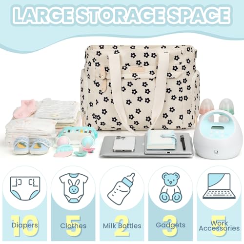 Image of Pritent Diaper Bag Tote for Working Mom, Large Travel Diaper Tote for Mom and Dad with 14 Inch Laptop Sleeve, Mommy Maternity Travel Baby Bag for Boys and Girls, Black flower