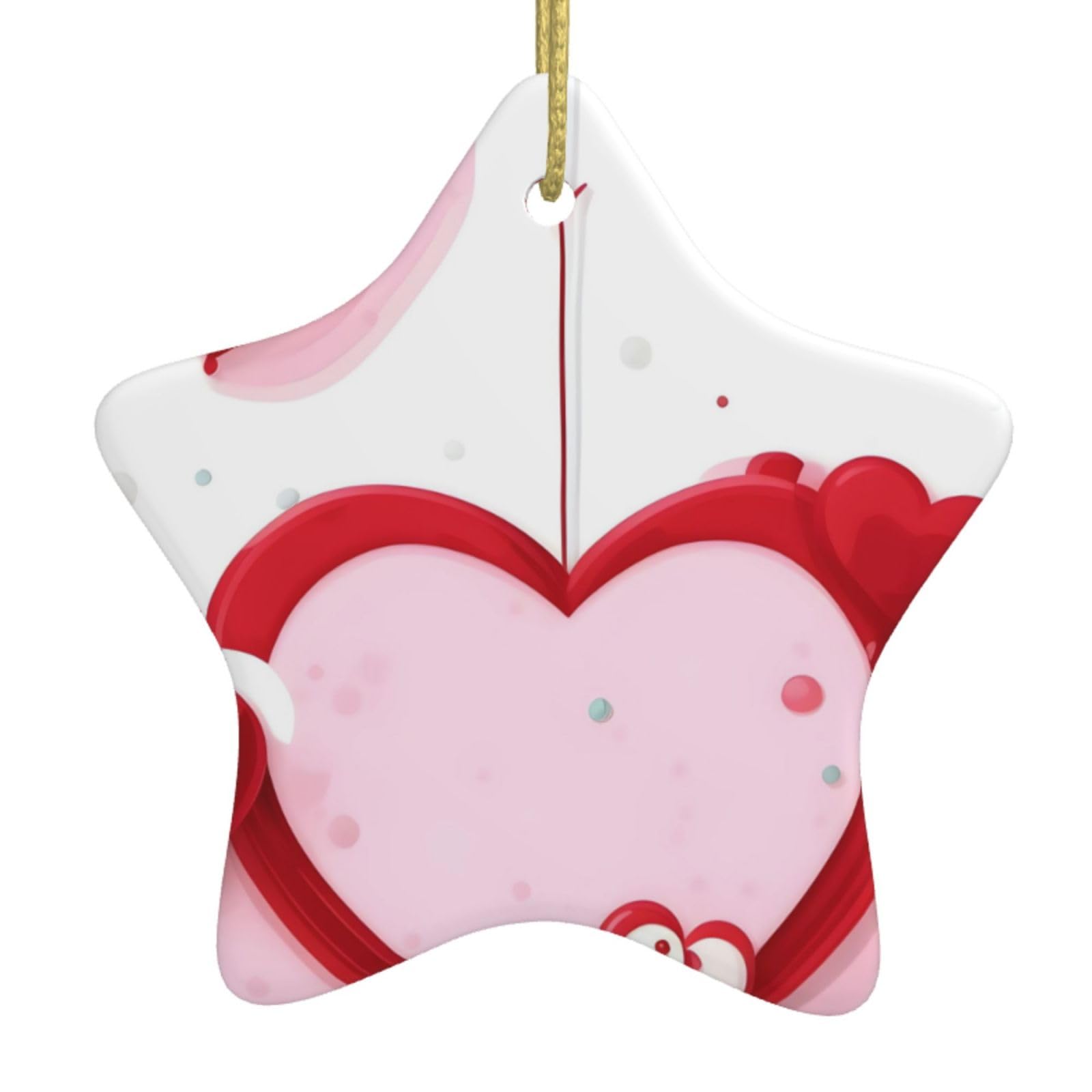 Little Red Heart Christmas Ceramic Star Pendant with Punched Holes and Gold Wire Rope, Christmas Tree Home Decoration
