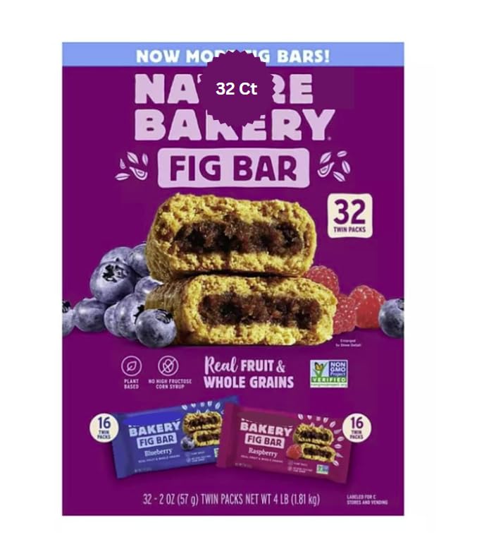 Natures Bakary Whole Wheat Fig Bars - 32 Twin Packs (16 Blueberry, 16 Raspberry Each)