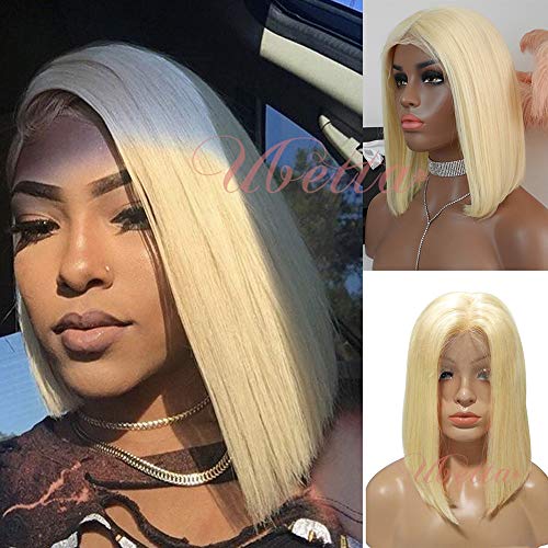Human Hair Blonde Bob Wig 14" Lace Front 613 Straight Wig Pre Plucked with Baby Hair Glueless 13x4 Lace Bob Wig Brazilian Virgin Hair Middle Part Bleached Knots for Black Women 180% Density