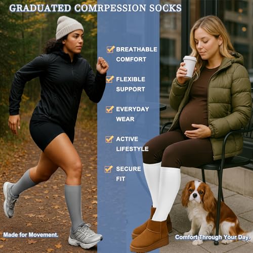Image of 3 Pairs Knee High Graduated Compression Socks For Women and Men - Best Medical, Nursing, Travel & Flight Socks - Running & Fitness - 15-20mmHg