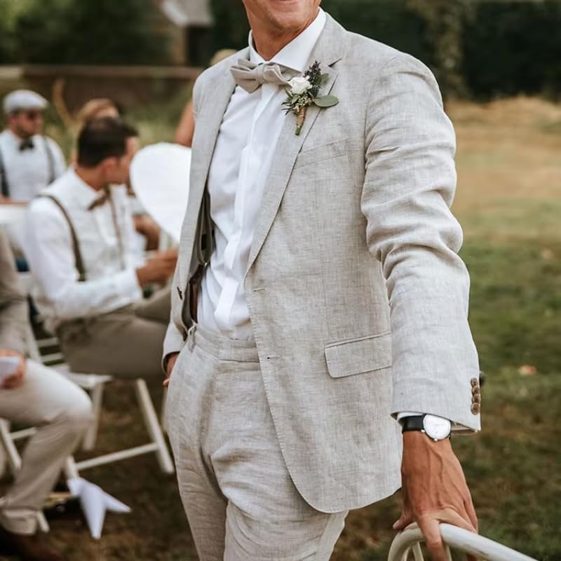 ORBITRAY Men's Beach Wedding Linen Suits Beige Solid Colored 2 Piece Lightweight Casual Suit Men Single Breasted One-Button4