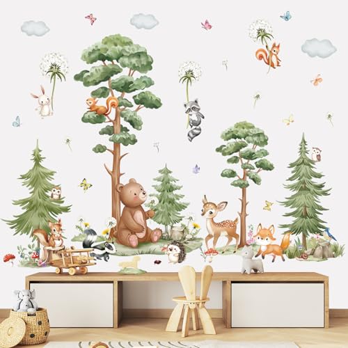 wondever Stickers Muraux Animaux Forêt Arbre Grand Autocollants Muraux Mural Stickers Ours Cerf Renard Pissenlit pour Chambre Enfants Bébé Pépinière Salon