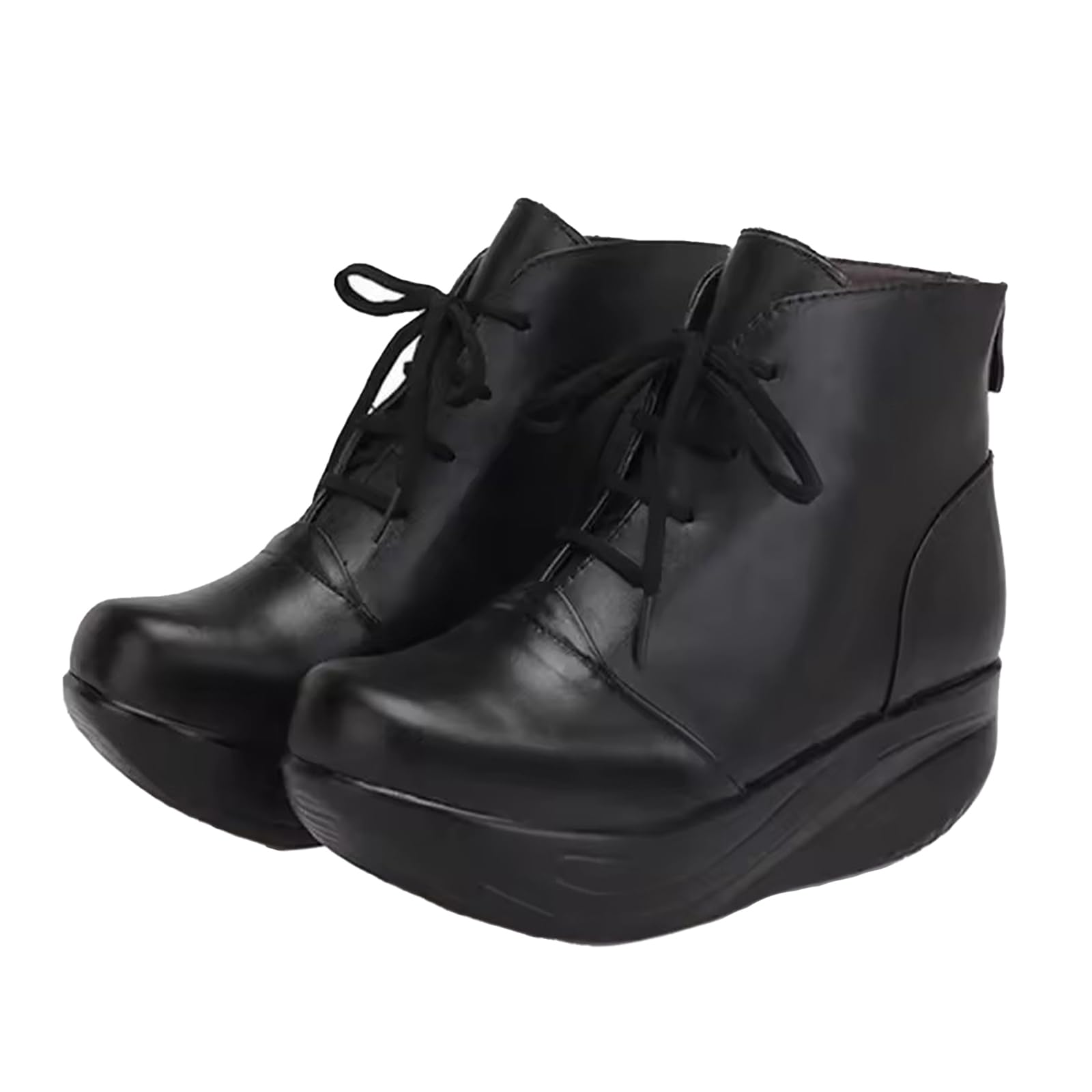 Womens Black Leather Wedge Platform Ankle Boots Fall Winter Comfort Round Toe Casual Dress Short Booties W Back