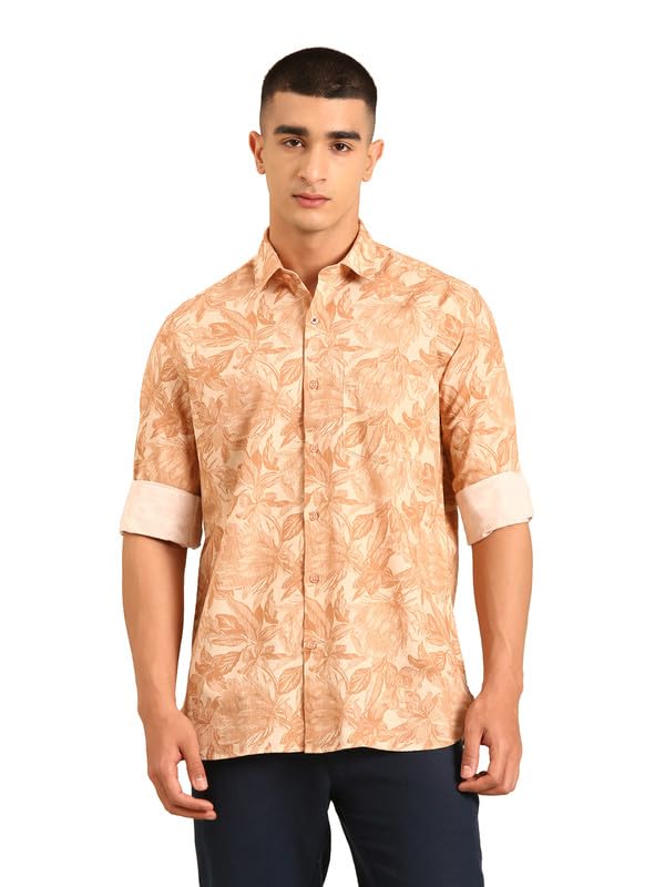 Image of Cavallo by Linen Club Men's Blended Linen Red Printed Contemporary Fit Full Sleeve Casual Shirt