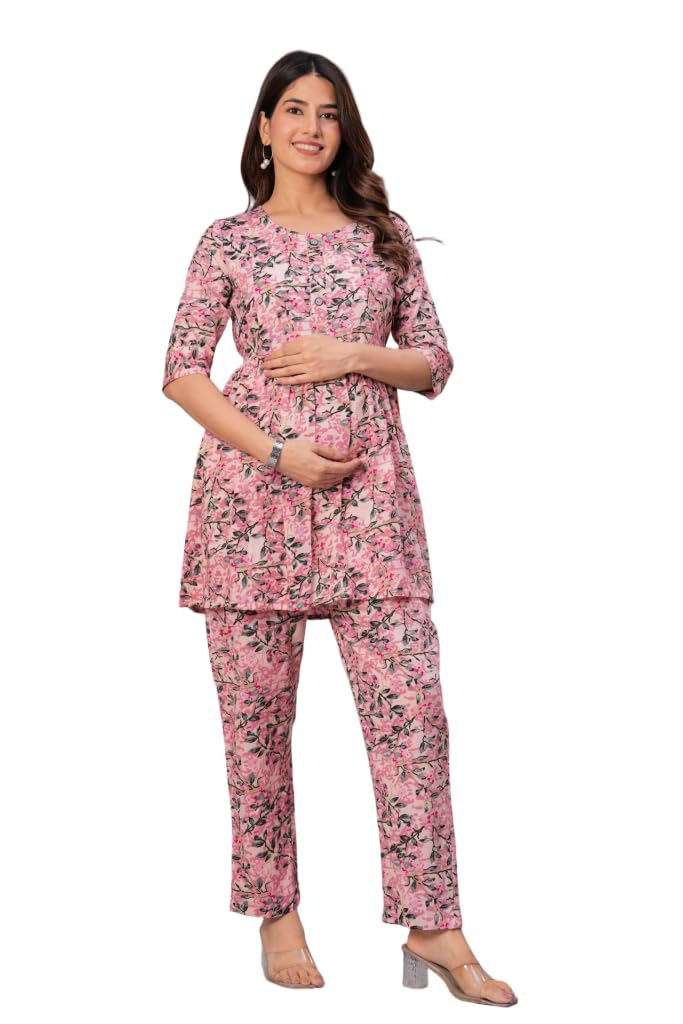 shambhavi creations Maternity and Feeding Floral Print suit Set, Peach, 3/4 Sleeve Top with Pants, Button Front-picture-54