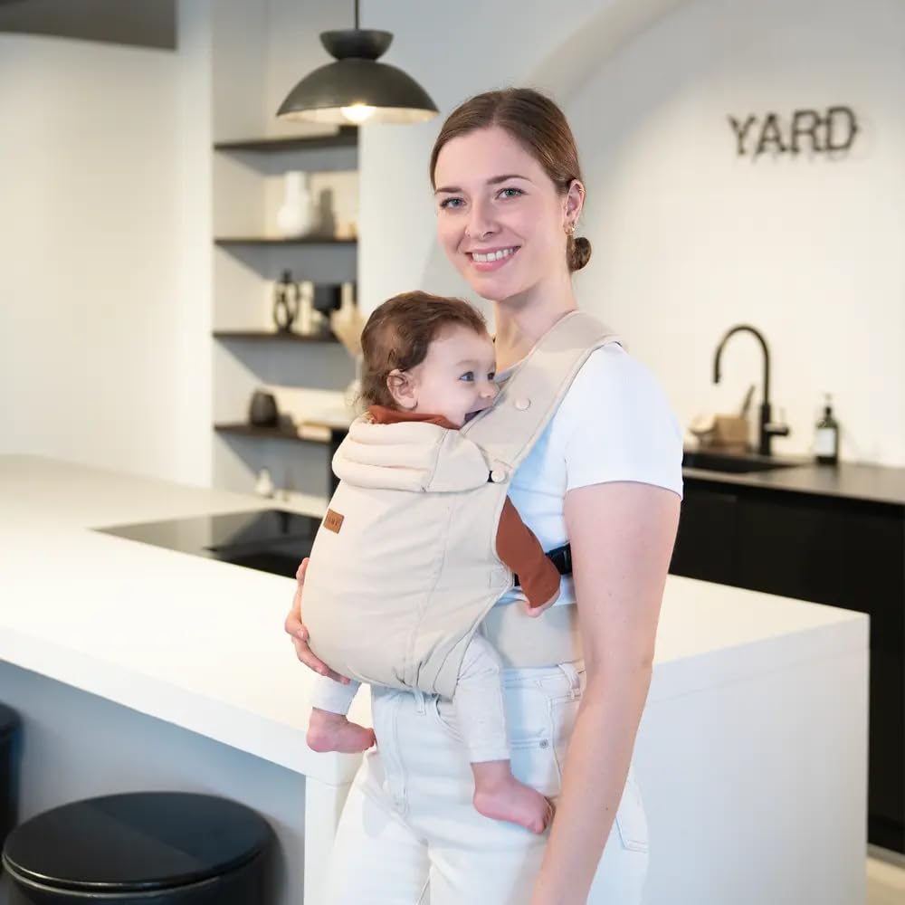 LIINI® Babytrage aus Leinen (Beige) – ab Geburt (3,5 kg) bis 15 kg, verstellbare Träger, Kopfstütze, Klickverschluss, ergonomisch & bequem – CE EN71-3 & SGS EN13209-2