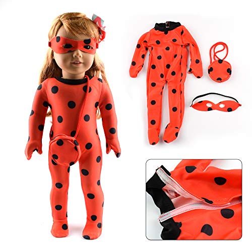 Bili 18 Inch Doll Clothes, Ladybug 3 Outfit Include Tights, Eye Masks, Shoulder Bags