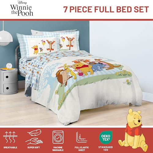 Image of Disney Winnie The Pooh Full Comforter Set 7 Piece Kids Bedding, White | Piglet Tigger, Bed in a Bag, Comforter Sheets Shams Pillowcases, Official Brand, Soft Microfiber, Machine Washable, Kids Gift