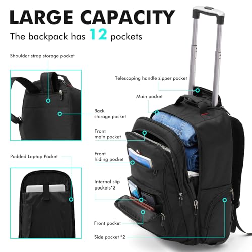 Rolling Backpack for Laptop 15.6 inch, Waterproof Travel Bag with Wheels, Business Carry on Luggage, Multi-compartments, Adjustable Aluminum Telescopic Handle, Black2