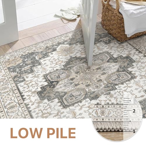 GENIMO 7'6''x9'6'' Area Rugs for Living Room, Machine Washable Non Slip Vintage Rugs, Low Pile Lightweight Chenille Print Rug for Bedroom, Dining Room, Home Office, Heathered Grey