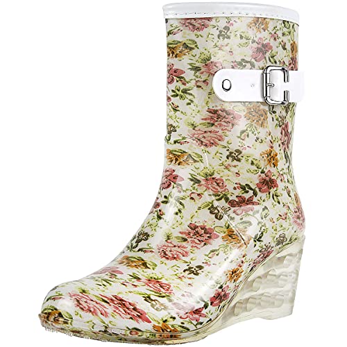 wealsex Damen Frauen Keilabsatz Stiefel mit Reißverschluss Wasserdichte Gartenschuhe Mode Wellies Gummistiefeln (Blumen,EU 38=Etikette 39) wealsex Damen Frauen Keilabsatz Stiefel mit Reißverschluss Wasserdichte Gartenschuhe Mode Wellies Gummistiefeln (Blumen,EU 38=Etikette 39)