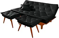 Sofa Cama Caribe Em Courino Couro Sintetico + Duas Banquetas (Preto)