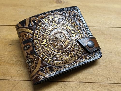 Men's 3D Genuine Leather Wallet, Hand-Carved, Hand-Painted, Leather Carving, Custom wallet, Personalized wallet, Airbrush Art, Aztec Design, Aztec Art, Mayan Calendar, Aztec Calendar, Mayan Art2