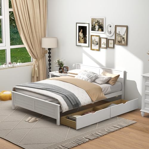 GOFLAME Full Size Bed Frame with 2 Drawers, Platform Bed with Solid Wood Headboard & Footboard, Wood Slats Support Mattress Foundation, Under Bed Storage, No Box Spring Needed, Easy Assembly, White - Thumbnail 3