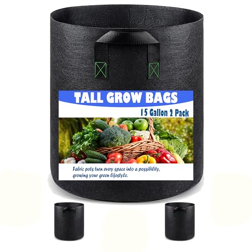 Growpropel Tall Fabric Pots for Plants, 15 Gallon 2 Pack Cloth Grow Bags with Short Handles, Taller Design for Deep Root Vegetables, Washable Reusable Plant Pots for Garden Patio Pond