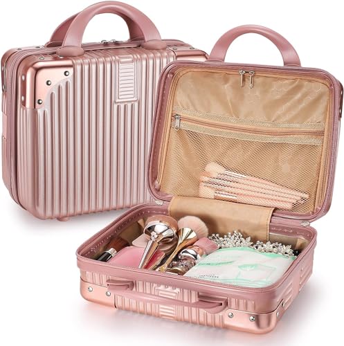 Image of Pvc Portable Hard Shell Cosmetic Travel Case, Small Travel Hand Luggage with Elastic Band, Mini ABS Carrying Makeup Case Suitcase (BB-Rosegold)