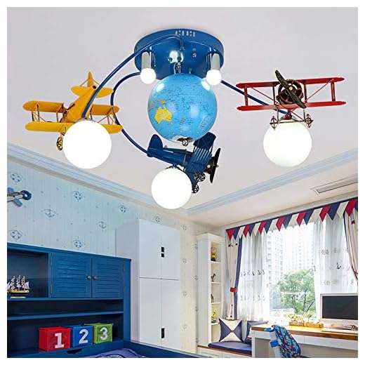 LAKIQ Boys Room Chandelier Airplane Modern LED Flush Mount Lighting with World Globe Creative Cartoon Aircraft Light Fixture for Kids Room Childrens Room Bedroom