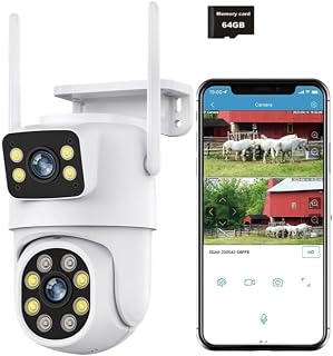 WLAN Überwachungskamera Aussen mit Dual-Objektive, 6MP 2.4Ghz PTZ Outdoor WLAN IP Kamera Überwachung Außen mit 64 G SD-Karte Farb-Nachtsicht Intelligent Tracking Hundekamera mit APP 2-Wege-Audio